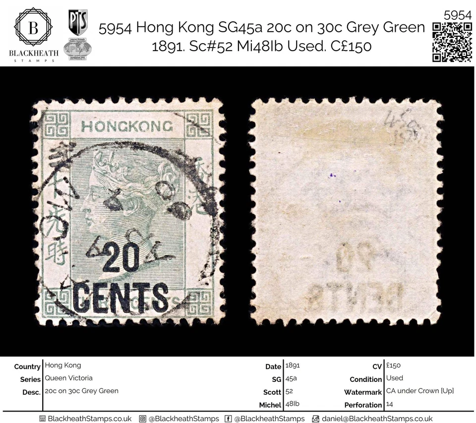 5954 Hong Kong SG45a 20c sobre 30c Gris Verde 1891. Sc#52 Mi48Ib Usado. C£150 Foto 1 de 4