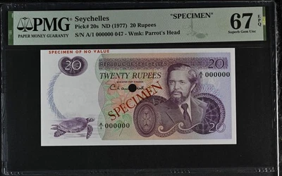 Seychelles 20 Rupees Specimen 1977 P20s PMG Superb Gem Uncirculated 67 EPQ  - Image 1 of 4