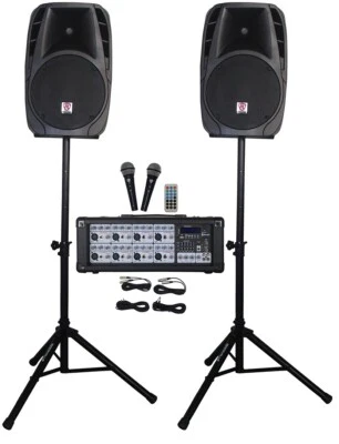 Rockville 12" Church Speakers+Mixer+Stands+Mics+Bluetooth 4 Church Sound Systems - Image 1 of 4