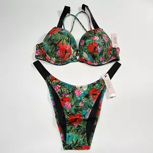 Victoria Secret 38DD L Bombshell Push Up Bikini Set Shine Strap Palm Tropical - Picture 1 of 11
