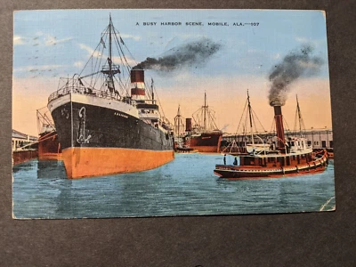 Steamer Tugboat MOBILE Naval Postcard 1941 w/ note BAY MINETTE, ALABAMA - Image 1 of 2