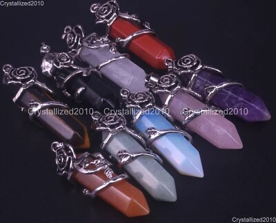 Natural Gemstone Hexagonal Rose Vine Chakra Healing Pendant Bead Tibetan Silver - Image 1 of 4