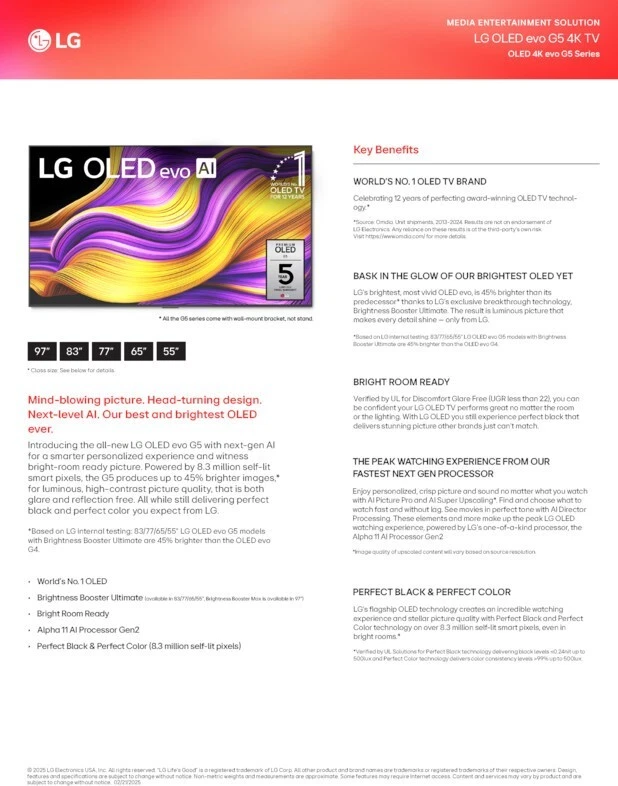 LG OLED77G5WUA 77" Class OLED evo AI G5 4K Smart TV 2025 w/ Supplied Wall Mount - Image 1 of 1