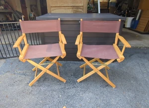 Vintage PAIR of Blonde Solid Wood Folding Director Chairs w/ Brown Canvas - Picture 1 of 13