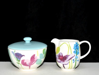 Portmeirion Water Garden * SUGAR BOWL & CREAMER * Colorful Flowers, MINT - Image 1 of 4