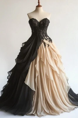 Gothic Black and Champagne Wedding Dresses Sweetheart Pleats  A-line Bride Gowns - Image 1 of 4