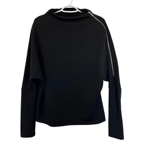 Marcella Moda Zip Shoulder Asymmetric Sweatshirt Top Size M Black Minimalist - Picture 1 of 9