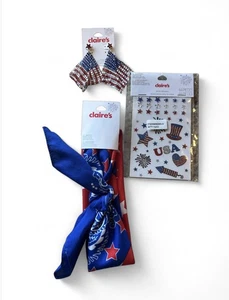 NWT Lot 3 Claire's Patriotic 4th of July Earrings Body Stickers & Bandana NEW - Picture 1 of 4