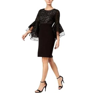 Calvin Klein Black Lace Knee Length Cocktail Party Sheath Dress Bell Sleeves, 4 - Picture 1 of 11