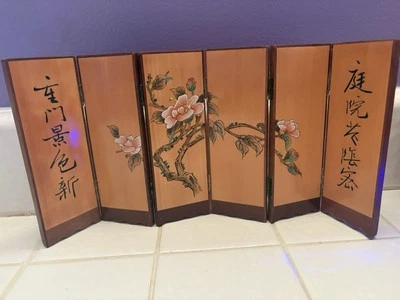 SMALL CHINESE CALLIGRAPHY WOOD CARVED AND PAINTED 6 PANEL SCREEN 8in - Image 1 of 4