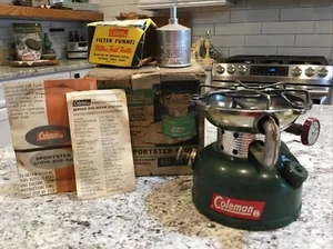 VINTAGE 1964Coleman 502 700 Camping STOVE Cookstove SPORTSTER Filter Funnel Box - Picture 1 of 15
