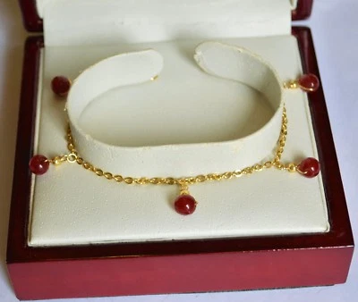 Natural Faceted RED RUBY 6mm Dangle Drop Station Bracelet Yellow Gold  - Image 1 of 3