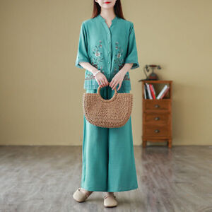 Dress Retro Ethnic Cotton Linen Embroidery Short-sleeved Shirt Tos Pants Suit