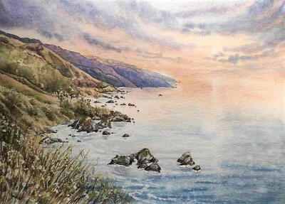 Original Artwork Modern Painting Landscape BIG SUR USA Arts Nautical Seascape A4 - Image 1 of 4