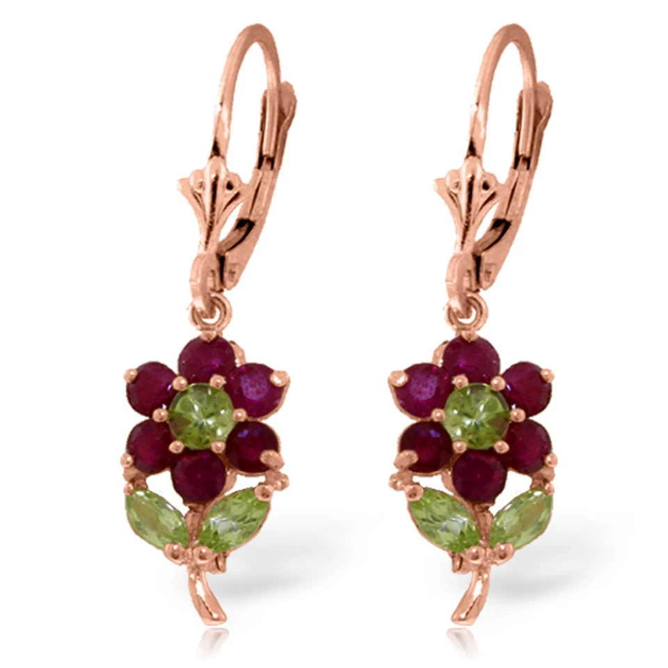 2.12 Carat 14K Solid Rose Gold Flowers Earrings Ruby Peridot - Image 1 of 1