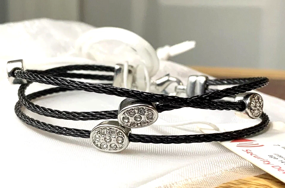 NOS NEW KOHL'S Black Stainless Steel Pave CZ Crystal Stone Triple Cable Bracelet - Image 1 of 4