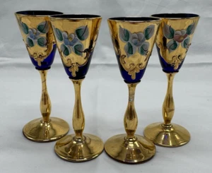 Juego de 4 vasos cordiales florales esmaltados en oro azul cobalto bohemio vintage - Imagen 1 de 14
