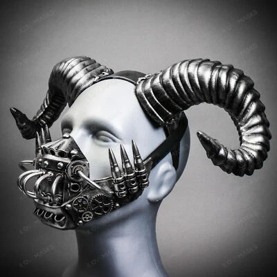 Diadema de cuerno de carnero diablo plateado con cubierta bucal máscara disfraz de fiesta Hallween Foto 1 de 4