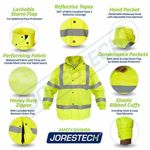 Safety Rain Jacket Reflective Green Hi-Vis Raincoat Rainjacket w Hood JORESTECH - Picture 1 of 7