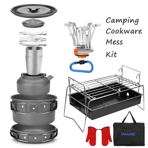 Tragbares Camping Kochgeschirr Mess Kit Barbecue Grill Herd Pfanne Outdoor Kocher Werkzeug - Bild 1 von 15