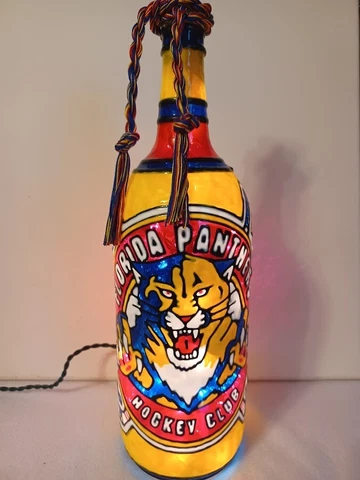 Florida Panthers Inspired Bottle Lamp Hand Painted Stained Glass Look Cover