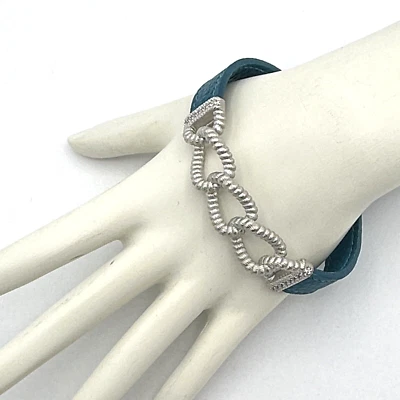 JUDITH RIPKA Verona Curb Link bracelet - sterling silver blue leather CZs - Image 1 of 4