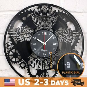 STEAMPUNK СLOCK OWL Vinyl Record Clock Gears Home Wall Décor Art Gift Black