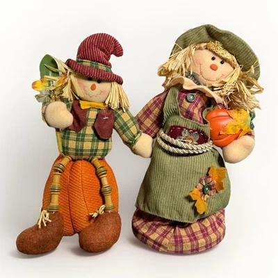 Set of 2 Fall Scarecrow Dolls Harvest Pumpkin Decorations 16” Fabric Figures - Image 1 of 4