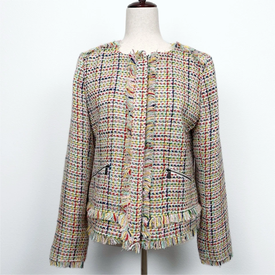 Halogen Jacket Blazer Womens Medium Rainbow Tweed Fringe Preppy Old Money Office - Image 1 of 4