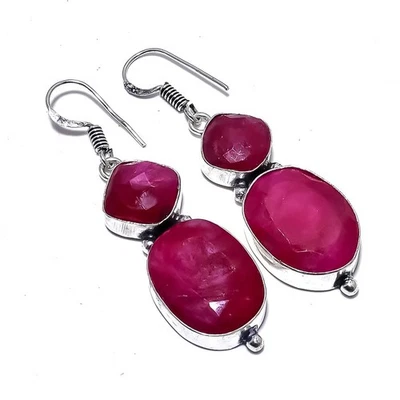 Faceted Ruby Lab-Created Gemstone 925 Sterling Silver Earring 2.2" G378 - Image 1 of 4