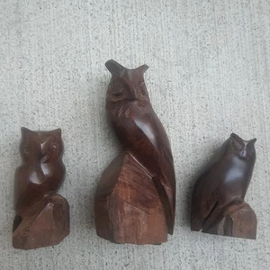 Menge 3 90er Vintage Eisenholz Eule Familie Figuren 5" handgeschnitzt Mexiko - Bild 1 von 7