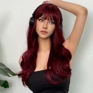 Burgundy Dark Red Synthetic Long Wavy Wigs With Bangs for Women Daily Natural - Picture 1 of 7