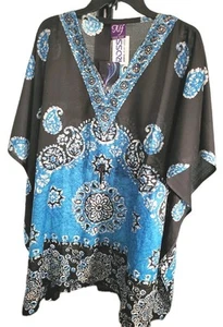 NF Free Size Black Teal Embellished Graphic Caftan Top Drawstring Waist - Picture 1 of 15