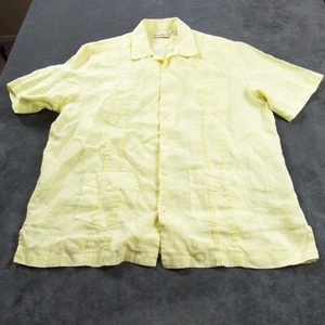 Caribbean Shirt Mens Large Yellow Linen Hawaiian Lightweight Short Sleeve Casual - Picture 1 of 8