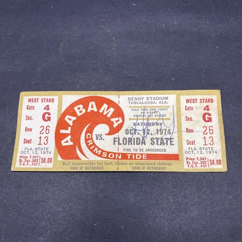 Vintage Ticket Stub Alabama Crimson Tide Vs Florida State 1974 “ROLL TIDE” Cover