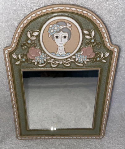 Sweet Pottery Parlor Wall Mirror Quaint Floral Woman Figural Belgium Cover