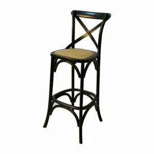 Hamptons Cross Back Bar Stool Birch American Oak Rattan Seat in Black - Picture 1 of 9