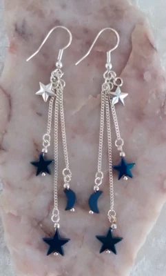 Blue Hematite Moon & Stars,6cm Long,925 Silver Hook Earrings.Handmade + Gift Bag Foto 1 de 4