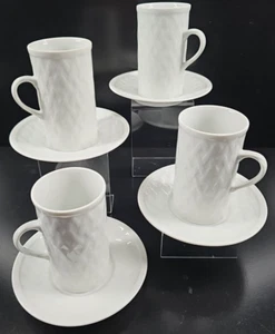 (4) Fitz & Floyd Basketweave Tall Cups Saucers Set Vintage White Japan Retro Lot - Picture 1 of 24