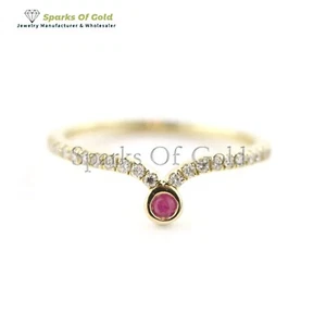 Natural Pave Diamond Ruby Chevron Ring Stackable 14k Yellow Rings Fine Jewelry - Picture 1 of 2