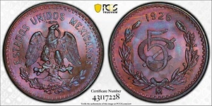 MEXICO ESTADOS UNIDOS 1926 5 CENTAVOS COIN PCGS CERTIFIED UNCIRCULATED MS66-BN - Picture 1 of 6