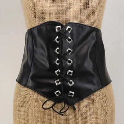 Classic Corset Belt Women XL Black Faux Leather Stretch Lace Up Wide - Image 1 of 4