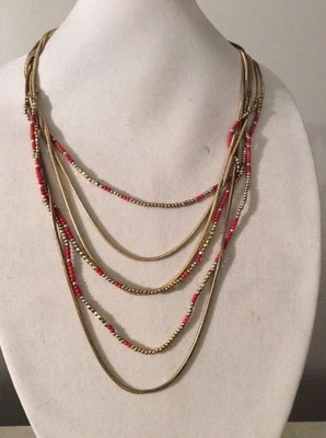 $79 Lucky Brand Red & Gold Bead Multi-Chain Long Layered Necklace#518a - Image 1 of 4