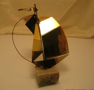 Sail Boat with White Marble Base and Decorative Golden Brass Looking Sail Y2K - Picture 1 of 8