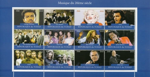 Music Stamps Chad 2018 CTO Madonna George Michael Beatles Rolling Stones 12v M/S Cover