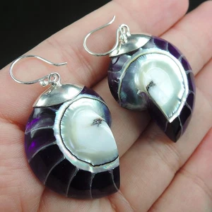 925 Sterling Silver Purple Coloured Nautilus Shell Earrings Jewellery, NSE-168 - Picture 1 of 5