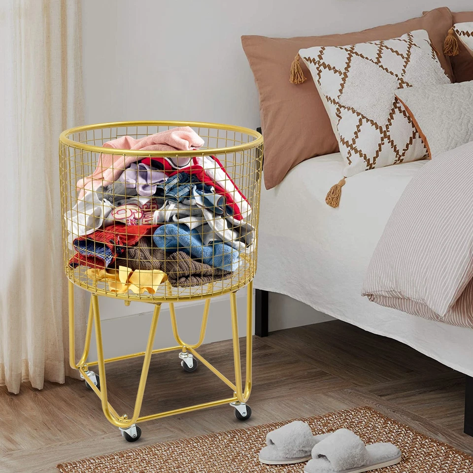 Modern Gold Metal Mesh Laundry Storage Cart Laundry Basket with Wheels - Image 1 of 4