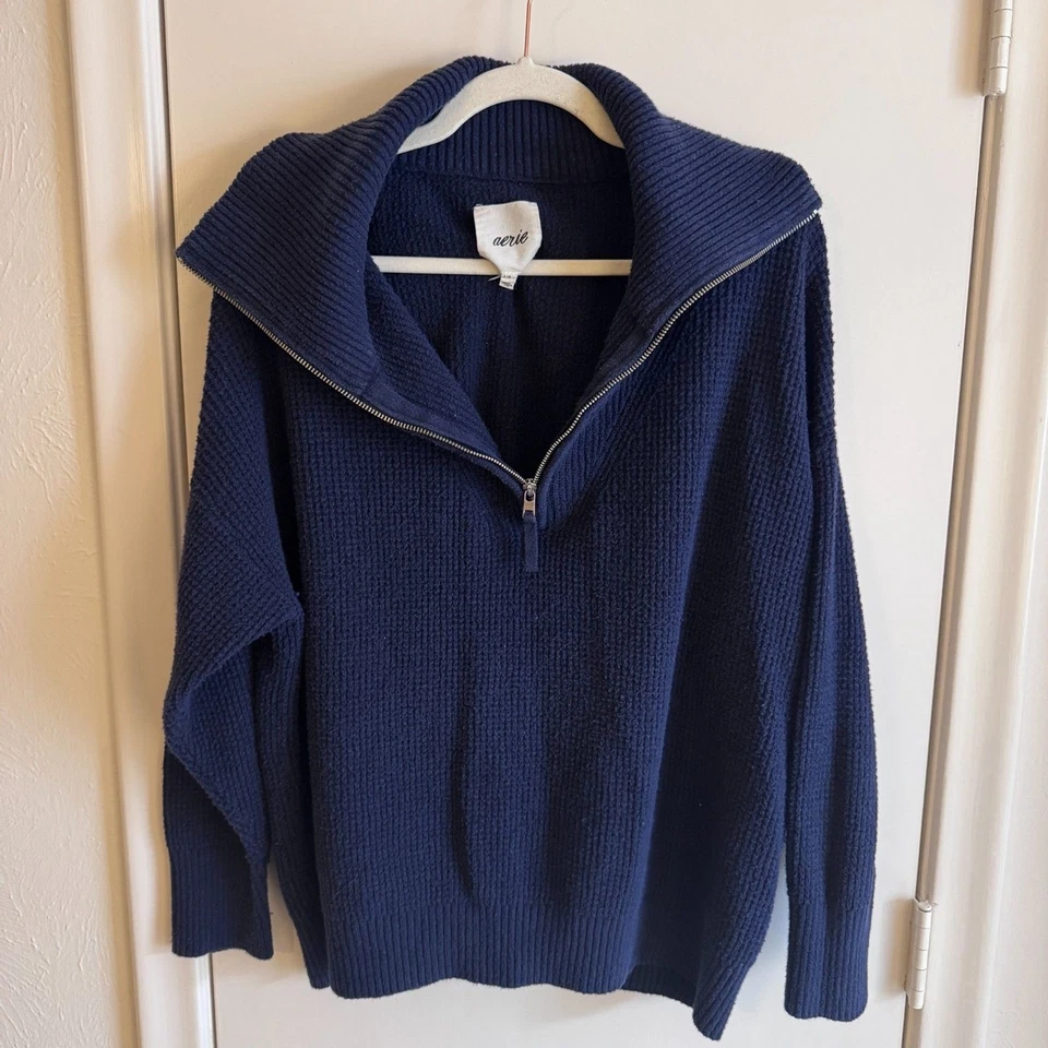 Womens Aerie Navy Blue Oversized 1/4 Zip Ribbed Sweater Size L VGUC  - Image 1 of 4