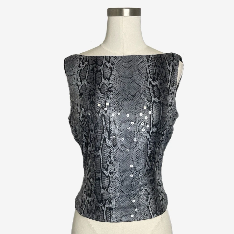 De colección Y2K Jessica McClintock Piel de Serpiente Cuello Alto Lentejuelas Tanque Espalda Baja S/M Foto 1 de 4