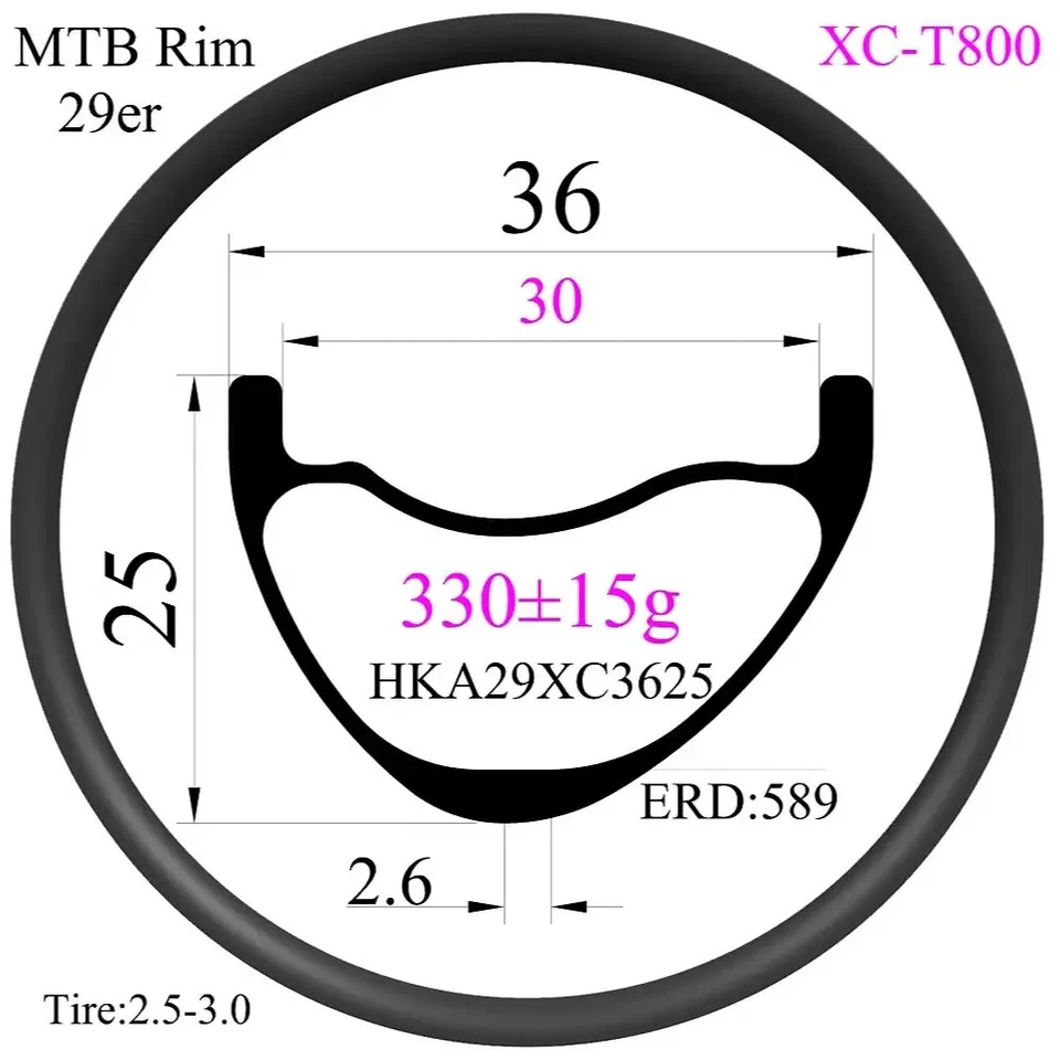 Llantas de MTB de carbono 29er Superlight XC 36 mm de ancho 25 mm de profundidad sin gancho sin cámara 24 28H Foto 1 de 4